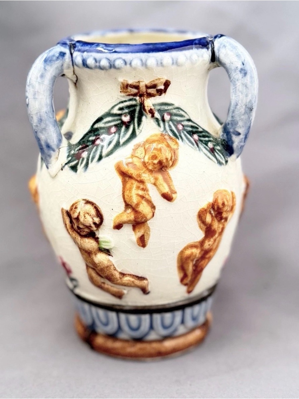 Vintage Japan Porcelain Ceramic Cherub Three Handled Vase 5"